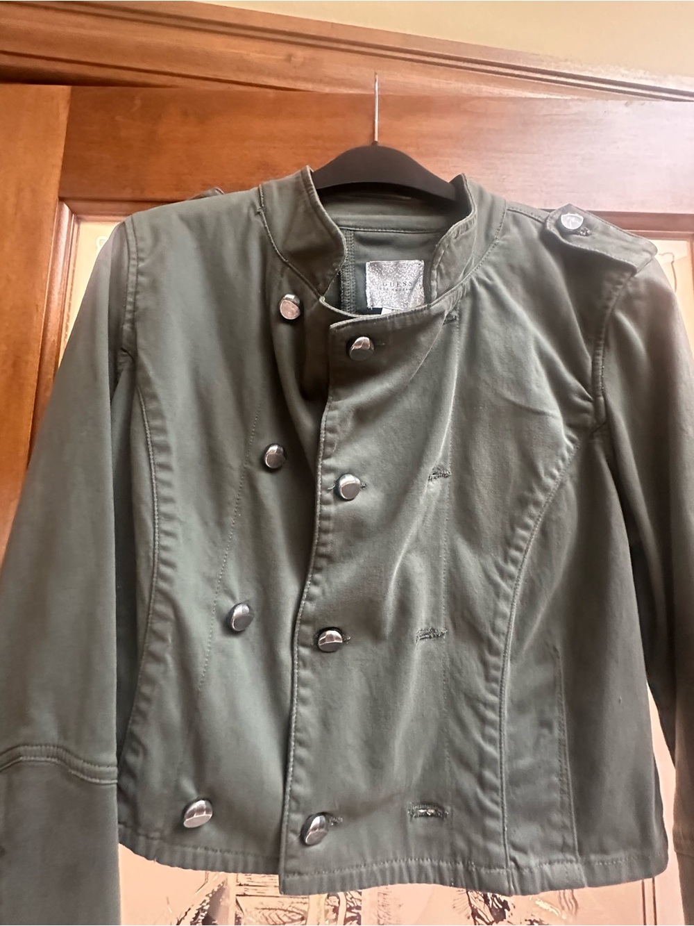 Guess Olive Green Military-Style Double-Breasted Jacket